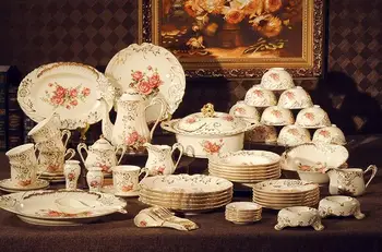 

Free shipping 70-piece European luxury handmade embossed gilt palace bone china dinnerware set pink flower with Coffee Set