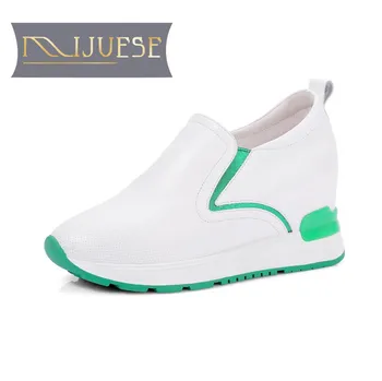 

MLJUESE 2018 women pumps cow leather white color increasing slip on Breathable high heels pumps fashion sneakers summer shoes