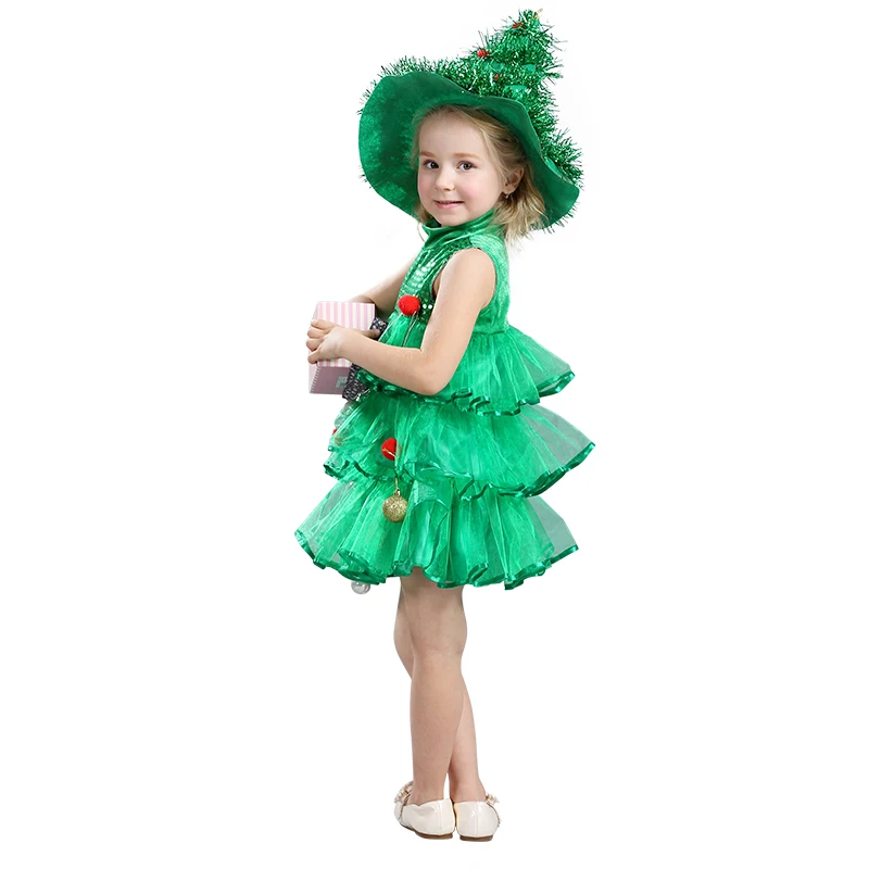 Детская Рождественская елка для костюма для девочек, платье Топы, вечерние платья с шапочкой, детские рождественские костюмы на Хэллоуин, зеленая одежда