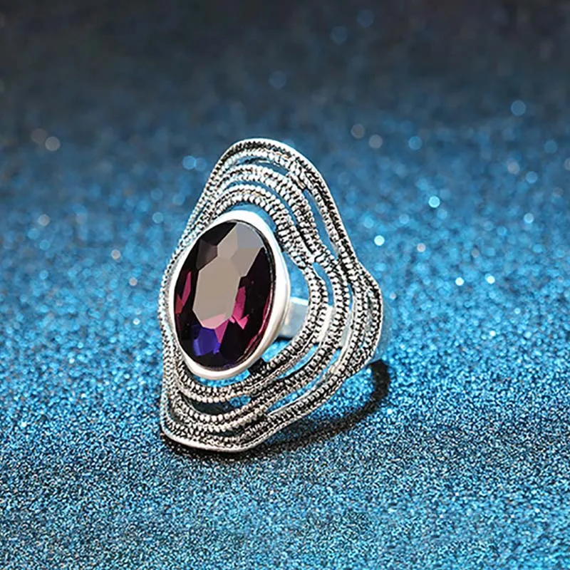 Винтажное кольцо из голубого фиолетового стекла, серебряные кольца с большой волной для женщин, тибетские ювелирные изделия, трендовые товары - Цвет основного камня: Фиолетовый