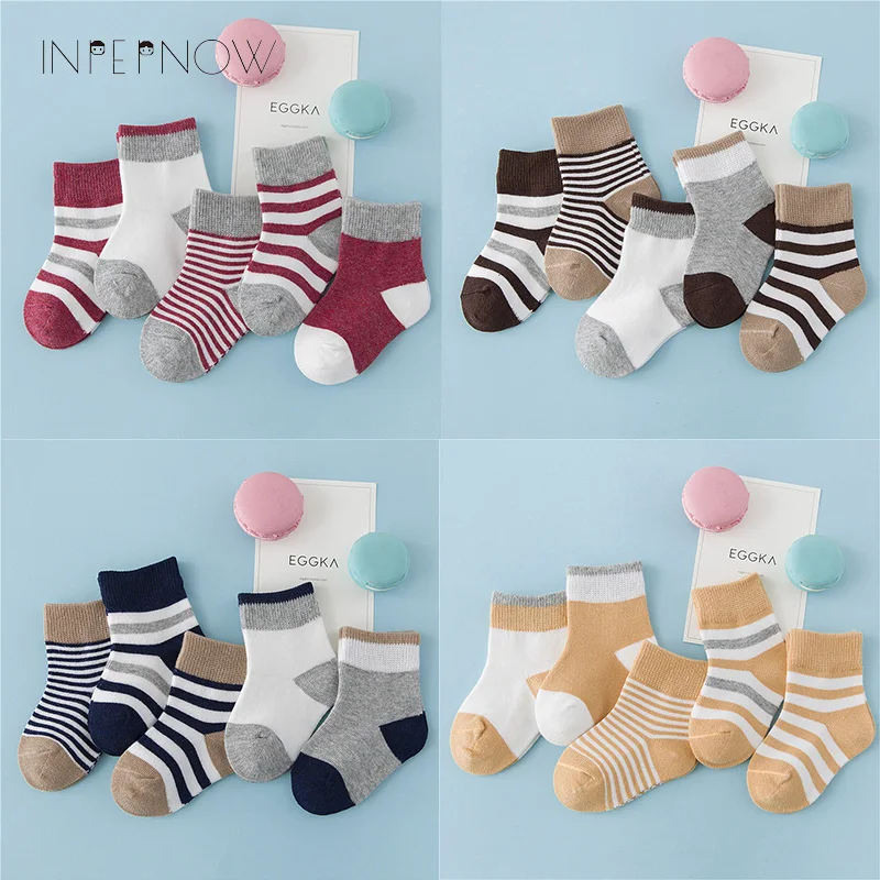 INPEPNOW 5 Pair/lot Baby Boy Striped Socks Soft Cotton Infant Socks Cute Cartoon Pattern Kids Socks Winter For Girl WZ-CZX53