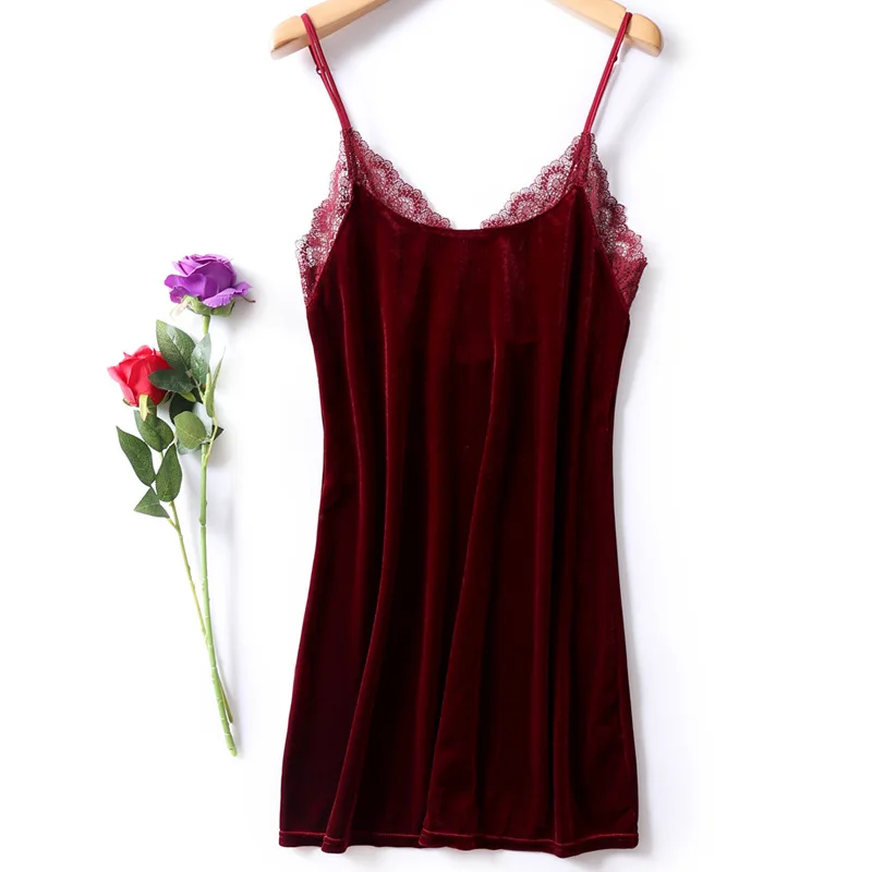 

Sexy sleepwear women red gold velvet V-neck sexy strap nightdress velvet split nightgown A word night dress ladies home service