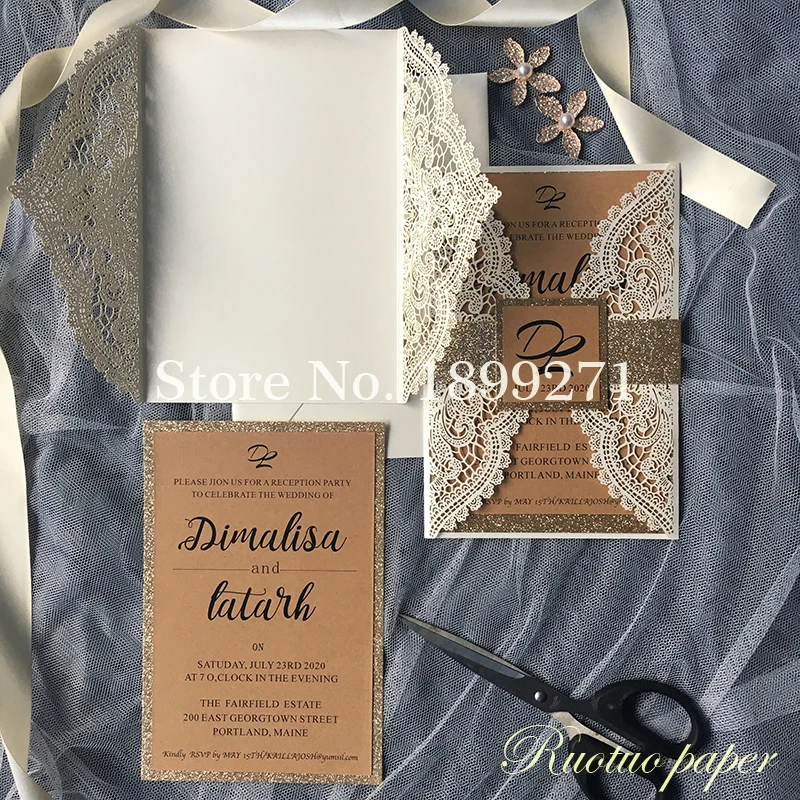 Ivory Lace Laser Cut Wedding Invitations With rose gold gillter ribbon/backgroud Rectangle Wedding Die Cut Laser Cut Traditional