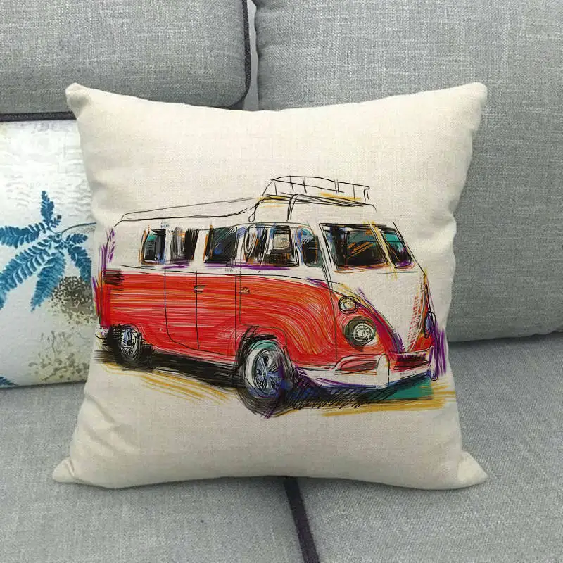 45cm*45cm watercolor retro bus and car linen/cotton throw pillow covers couch cushion cover home decor pillow