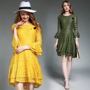 

autumn women new horn sleeve round collar pendulum accept waist irregular lotus leaf lace european fashion dress Vintage clothes