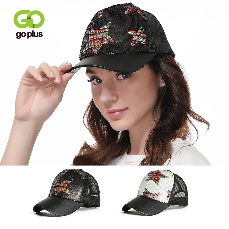 

GOPLUS 2019 Fashion Colorful Stars Glitter Sequins Baseball Cap Women Summer Patchwork Mesh Hat Girl Hip-Hop Trucker Hat Female