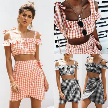 

Women 2 Piece Dress Set Plaid Bandage Off Shoulders Crop Top and Mini Short Skirt Fashion Party Club Wear