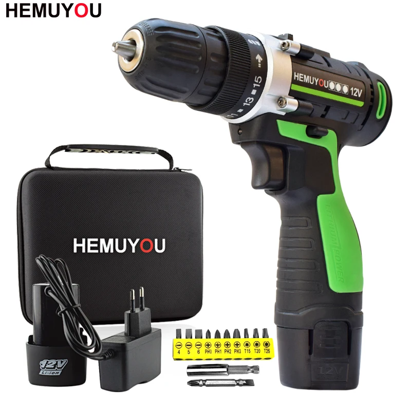 

12V Electric Screwdriver Cordless Drill Mini Wireless Power Driver DC lithium ion Battery 10 mm 2 Speed + 12 Drill