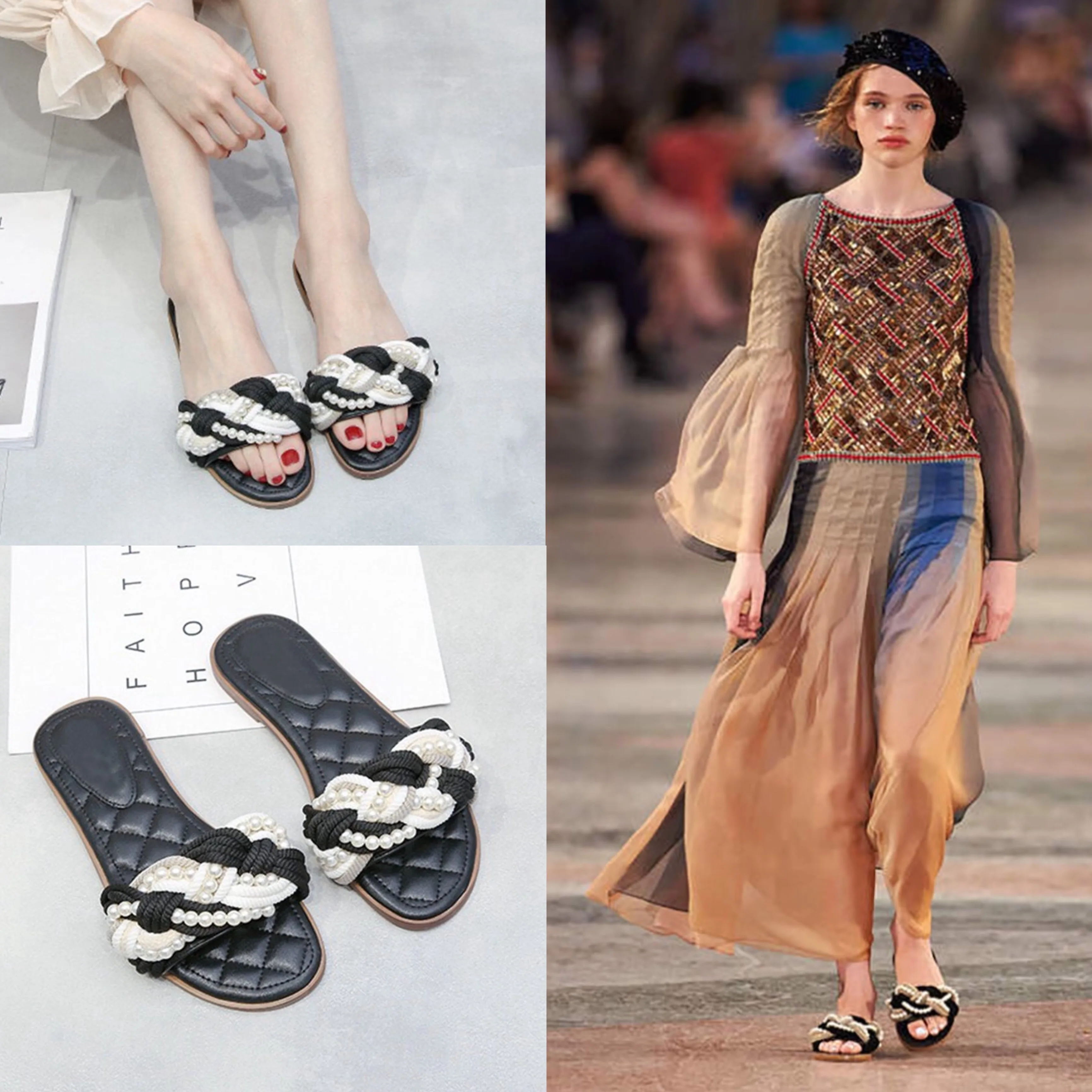 

2019 Women Luxury Brand Beading Flip Flops Ladies Sandals Beach Flat Modern Fancywork Mixed Color Rope Knitting Slippers Slides