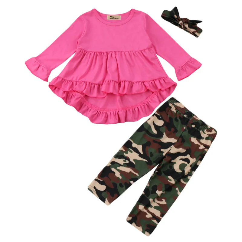 От 1 до 6 лет одежда для малышей Обувь для девочек Дети рюшами хлопка Блузка с длинными рукавами платье камуфляж Брюки для девочек Мотобрюки