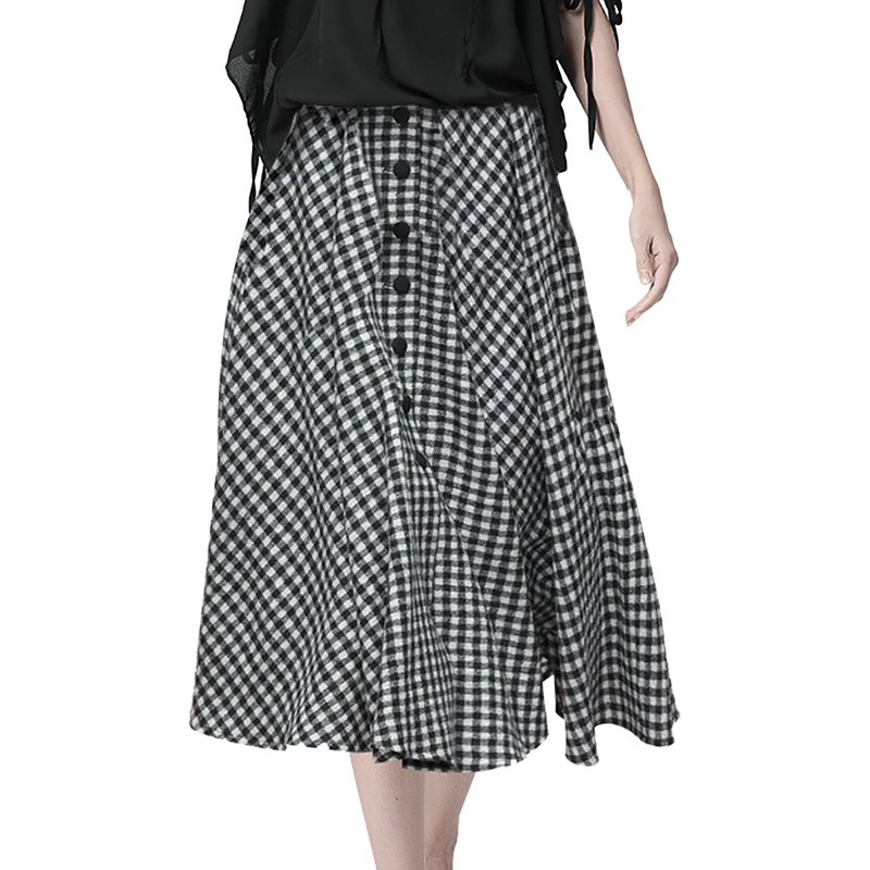 

2019 Women Summer Thin Midi Plaid Skirt High Waist A-Line Pleated Skirts Fashion Black White Vintage Style Plus Size Jupe Femme