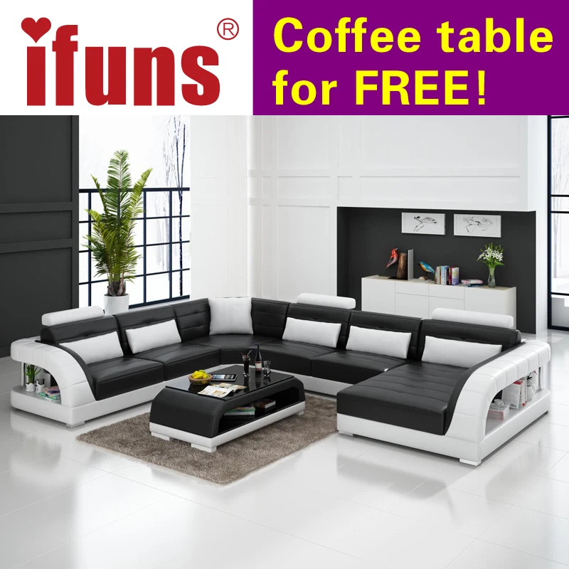 IFUNS Large U shaped sofa white cow leather couch living