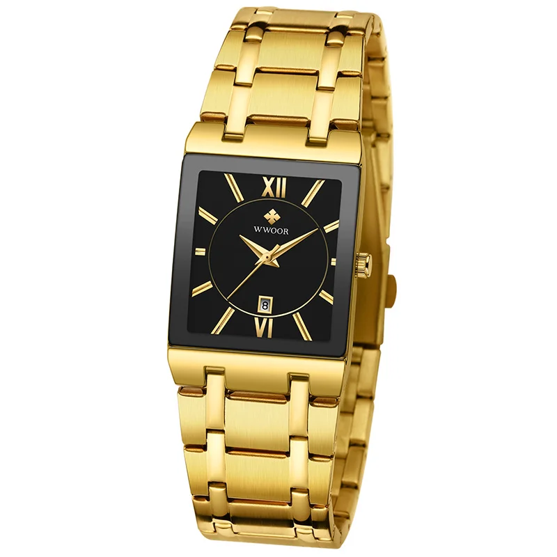 WWOOR роскошные часы топ бренда мужские прямоугольные часы из натуральной нержавеющей стали золотые часы модные деловые кварцевые наручные часы - Цвет: Gold black