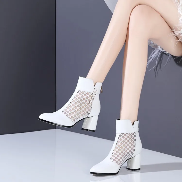 

mesh boots summer women ankle boots Genuine Leather High heel round toe Rome sandals Fashion breathable womens shoes
