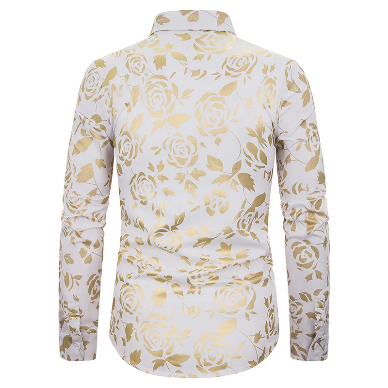Autumn night club men s lapel rose gilded print slim long sleeve shirt tide floral shirt 4