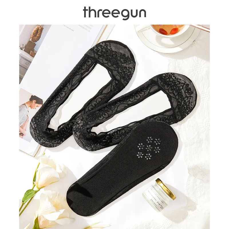 3Pairs Black Lace THREEGUN/3 пары носков без шоу кружевные женские короткие невидимые Нескользящие тонкие Повседневные носки для лоферов в форме лодочек скрытые невидимые следки - Цвет: 3Pairs Black Lace