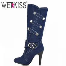 WETKISS Spring Knee High Boots High Heels Buckle Strap Metal Shoes Woman Round Toe Platform Boots size 32-43 Blue Denim Boots