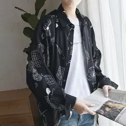 2017 Демисезонный оригинальный корейский стиль Свободные Геометрическая Печать рубашка Мода Повседневное одежда из хлопка Бесплатная