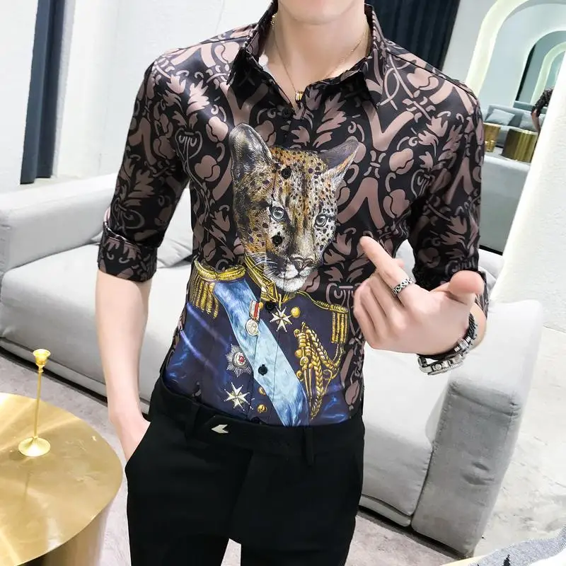 

Hawaiian Mens dress Shirts Leopard Print Half sleeve Men's Shirts Summer Blouse Men Hip hop Camisa masculina Slim fit New