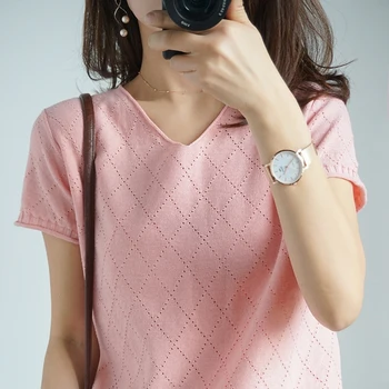 

Smpevrg 19 new lady knitted thin hollow women sweater V-neck short sleeve female pullover women jumper loose pull femme shirts