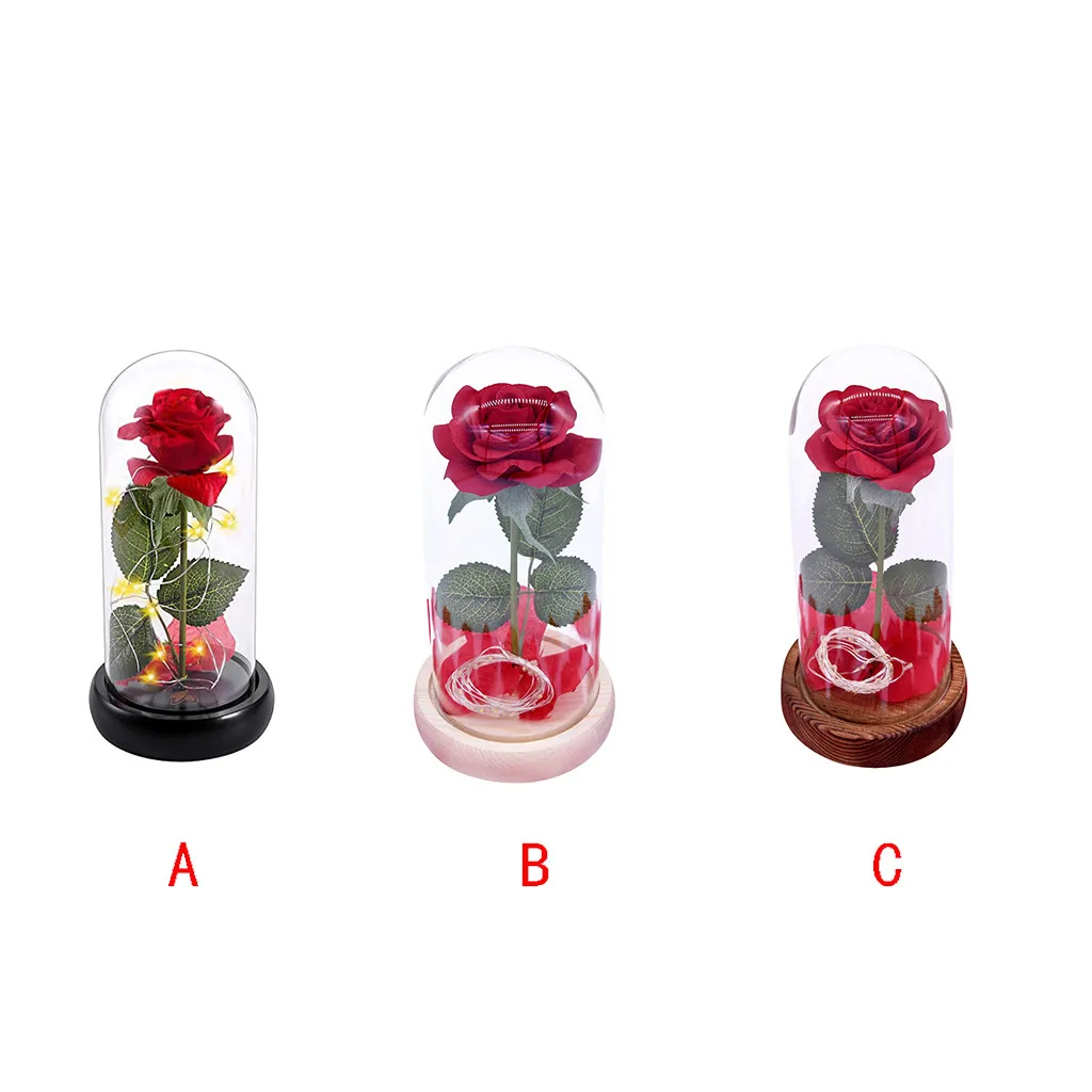 Flower Beauty And The Beast Romantic Simulation Rose Glass Cover Led Micro Landscape Decoration Maison Fleur Artificielle Rose