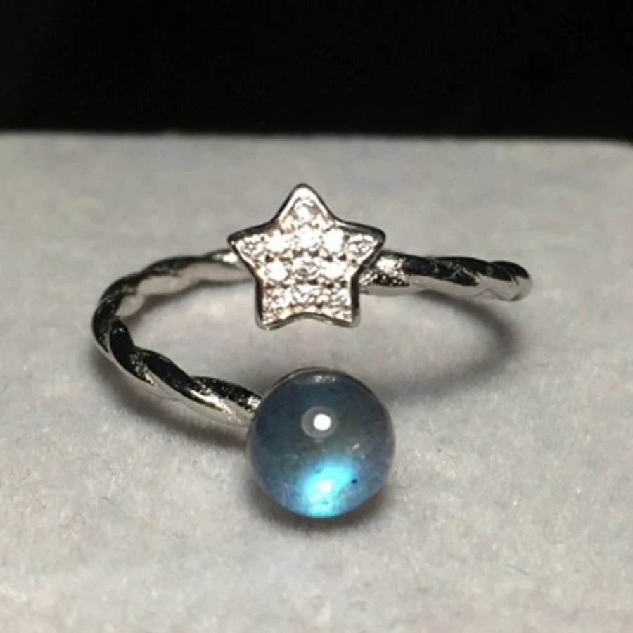 

925 Sterling Silver Cute Star Women Ring Natural Moonstone Labradorite Stone Adjustable Female Girls Rings Finger Jewelry Gift
