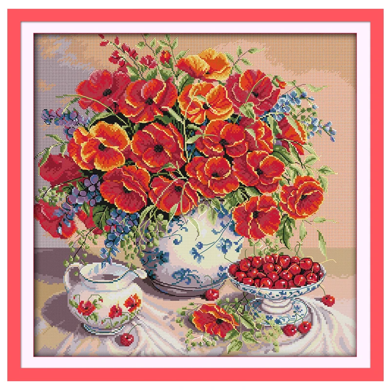 Poppy and Cherry Patterns Counted Cross Stitch Set DIY 11CT 14CT 16CT Stamped DMC Cross-stitch Kit Embroidery Needlework Crafts cross stitch kit