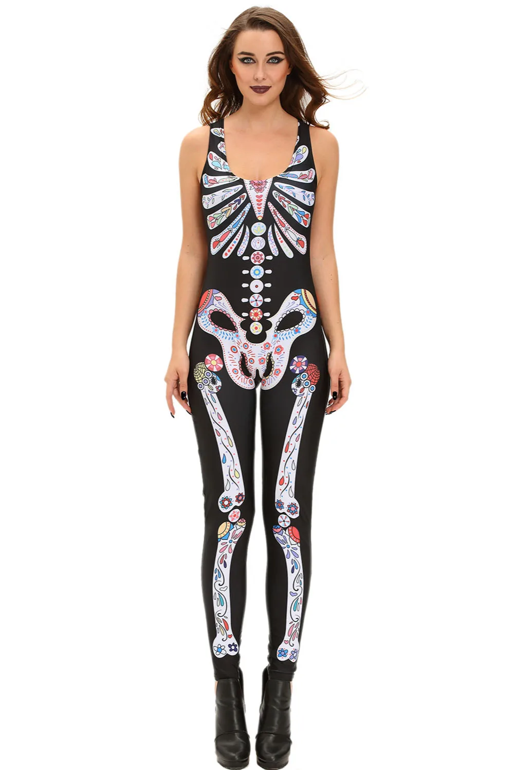 Womens Skeleton Costume Sugar Skull Jumpsuit Halloween Fancy Club Dress Up