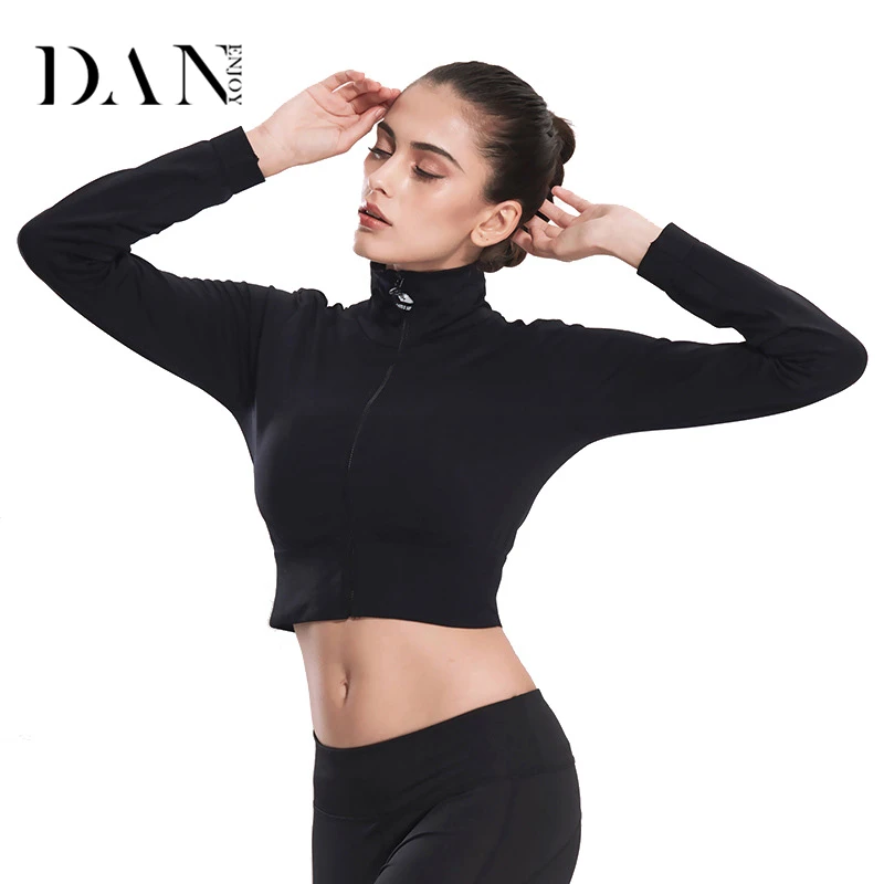 DANENJOY Zipper Short Yoga Jacket Sport Shirt Long Sleeve High collar