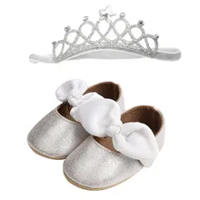 Обувь для детей; мягкая обувь для маленьких девочек; обувь с блестками и бантом; повязка на голову для малышей; обувь принцессы; FEB27