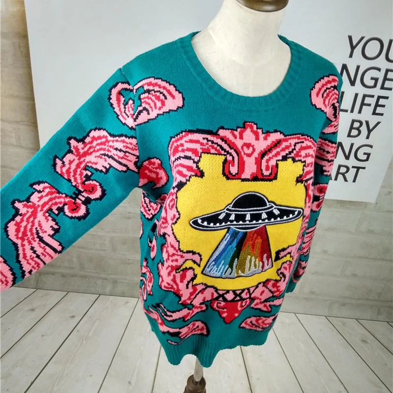 Women New vintage warm sweaters UFO Clouds Jacquard pullovers winter autumn knitted retro loose tops blusas C-012