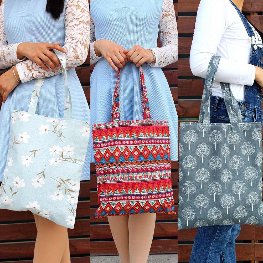 Reusable Shopping Bag Eco Women Handbag Foldable Beach Bag Daily Use Shoulder Bag Flower Print Casual Canvas Tote Satchel