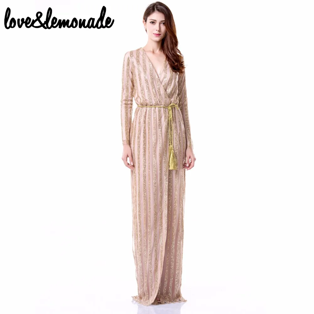 

Love&Lemonade Gold Stripe V-Neck Long Dress TB 9769