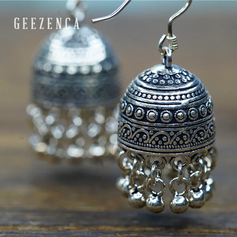 GEEZENCA 925 Sterling Silver Earrings for Women Indian Small Bells Beads Drop Earrings Ethnic Vintage Jewelry Party Gift