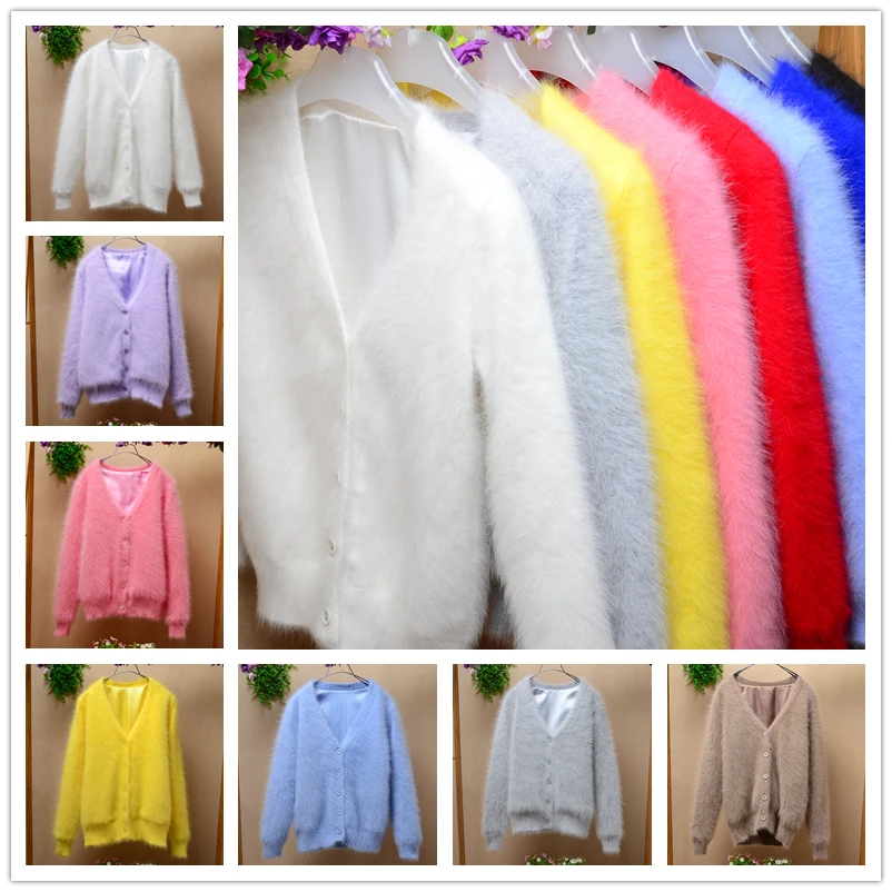 

Elegant Fashion Fluffy angora rabbit fur cardigan ladies Women warm Mink cashmere woven V-neck Sweater real mink cashmere coat