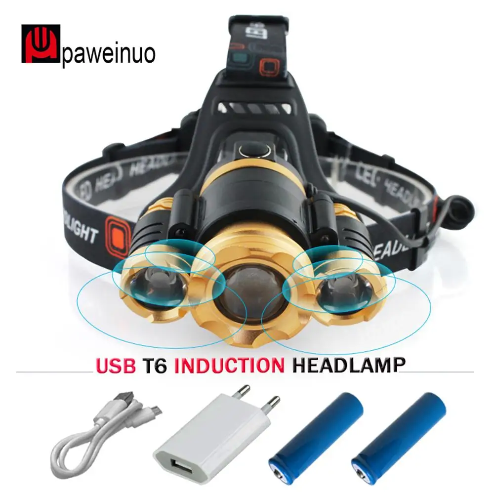 

Micro USB IR Sensor Headlight 3* XML-T6 headlamp Zoom led headlamp torch rechargeable 18650 Lanterna light led head lamp Fishing