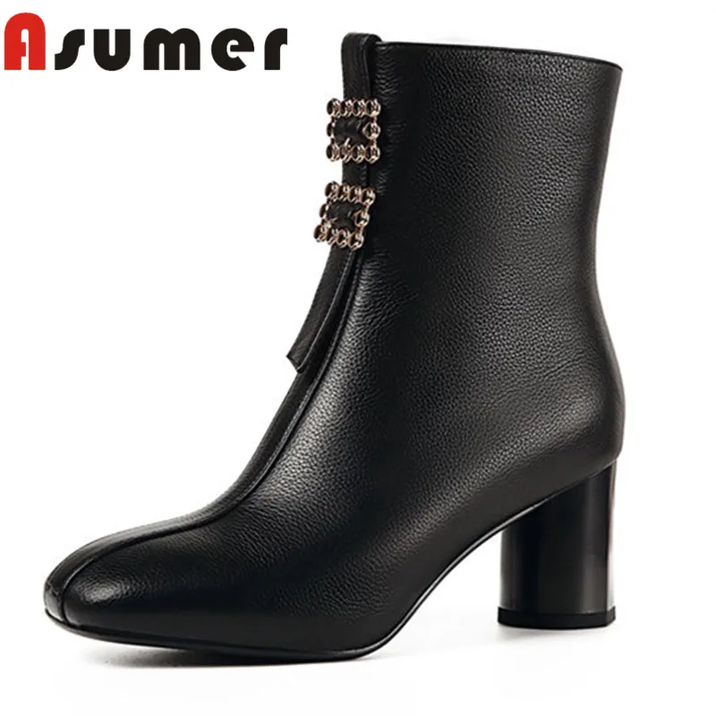 

ASUMER 2018 NEW metal decoration ankle boots for women solid simple genuine leather boots square toe thick heels autumn boots