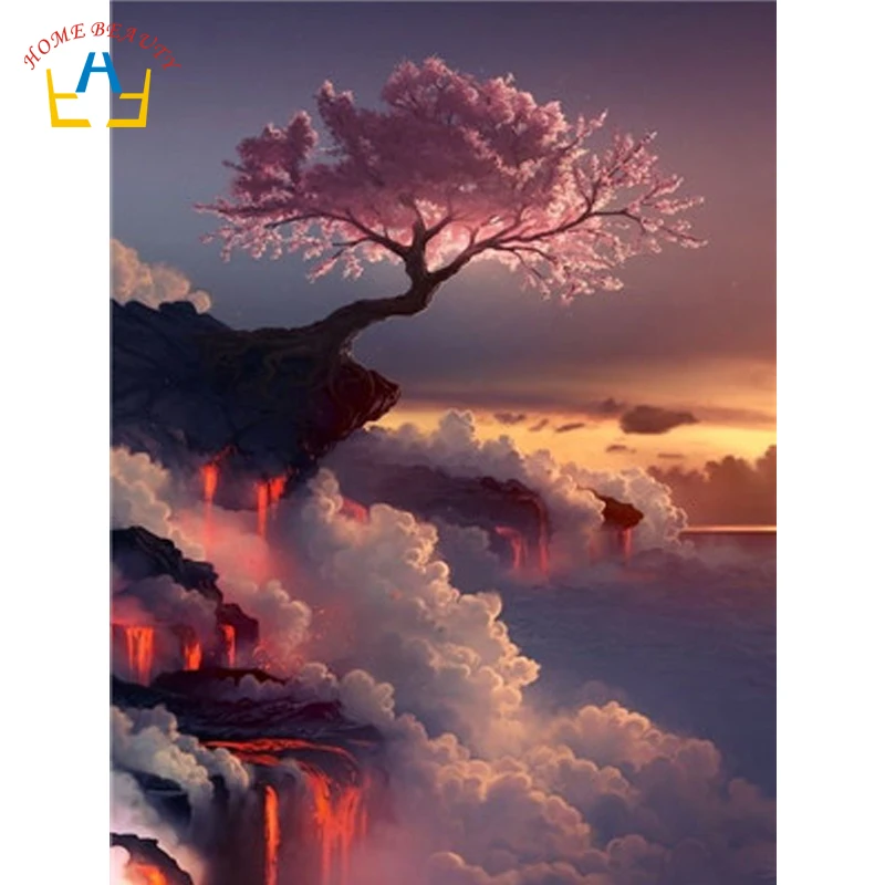 

Coloring by numbers on canvas cliff cherry tree pictures hand painted paintings drawing by numbers on the wall home decor WY5231