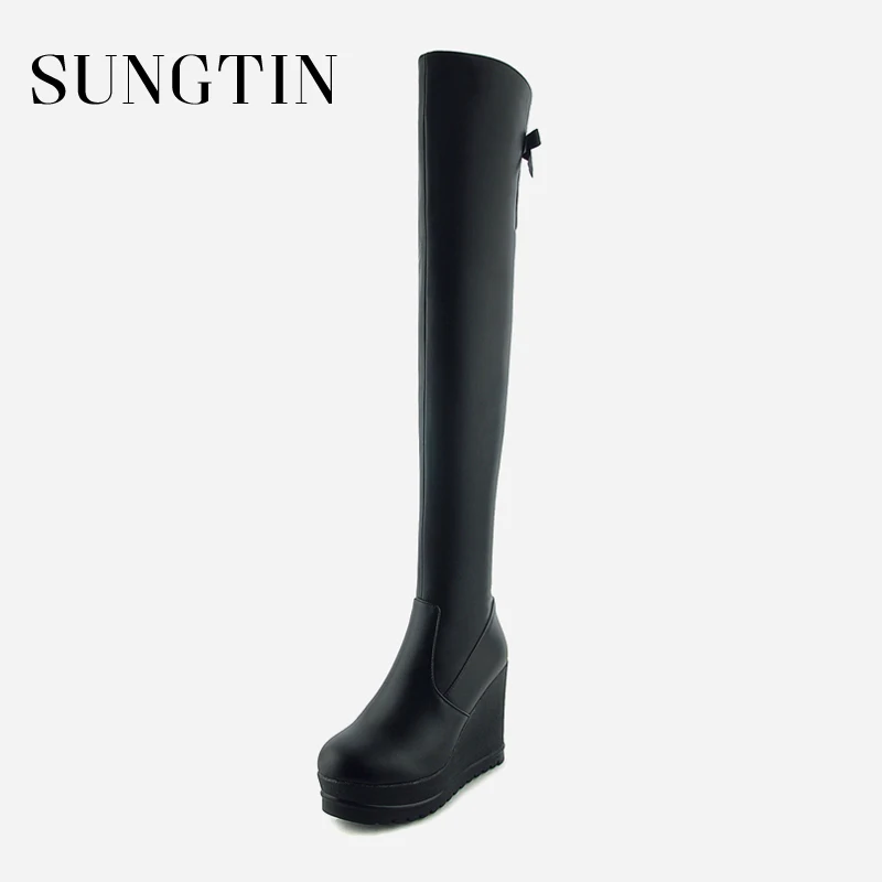 

Sungtin High Quality Genuine Leather Thigh High Boots Black Women High Heel Long Boots Lady Platform Wedges Over The Knee Boots