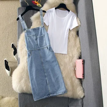 

New Women Denim Dress Two Piece Sets 2019 Summer Thin Double Pocket Jean Straps Dresses +white T-shirts Girls Lady Sexy Dress