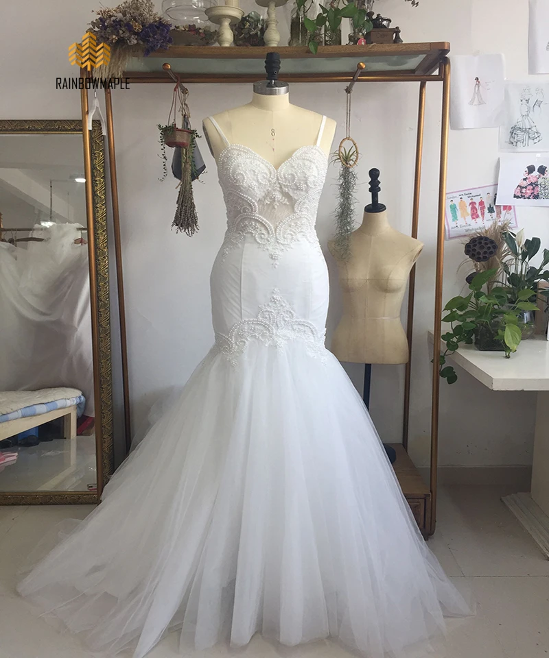 Sexy Beaded Lace Mermaid Wedding Dresses Unique Pearls Sheer Bodice Court Train Wedding Gowns For Women Ivory Cheap Bridal Gowns