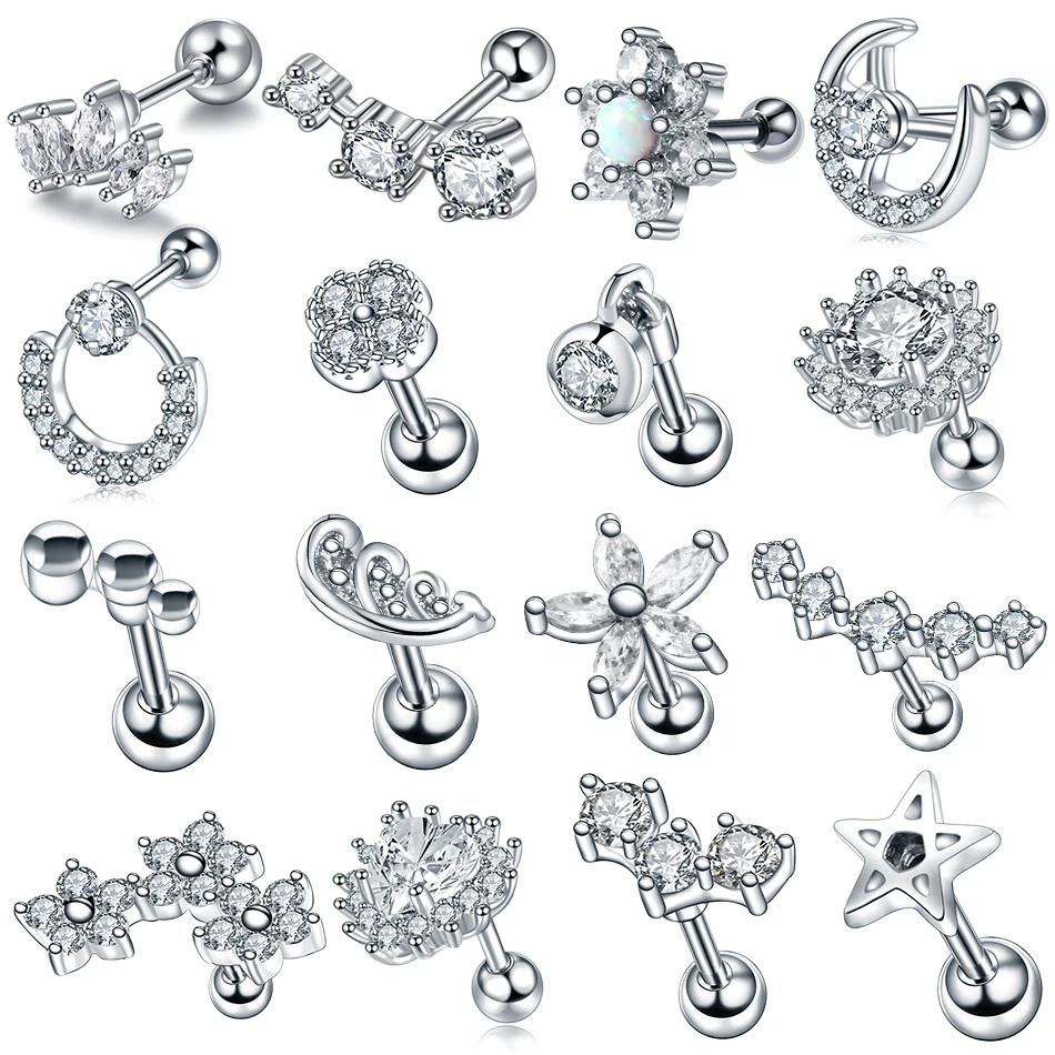 

1Pc Crystal Flower Tragus Piercing Earring 16G Star Crown Cartilage Helix Piercing Conch Rook Lobe Earring Ear Piercing Stud