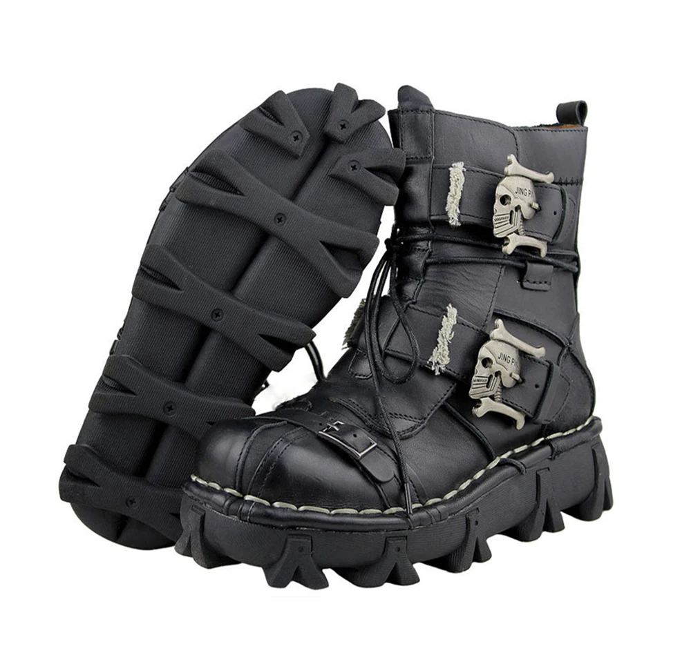 Botas de motocicleta de invierno para hombre Retro genuino cuero de vaca Vintage calavera Punk Casual Martin Boot Moto motociclista equipo de protección