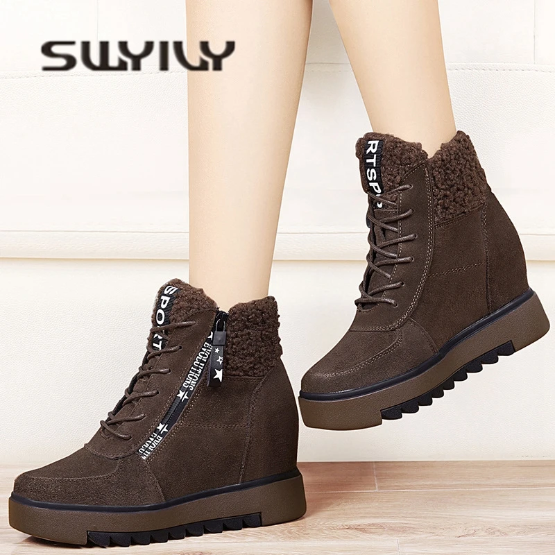 SWYIVY Woman Snow Boots Platform Genuine Leather 2018 Winter Warm Female Casual Shoes Wedge Vevlet Fur Suede Lady Snow Boots Zip