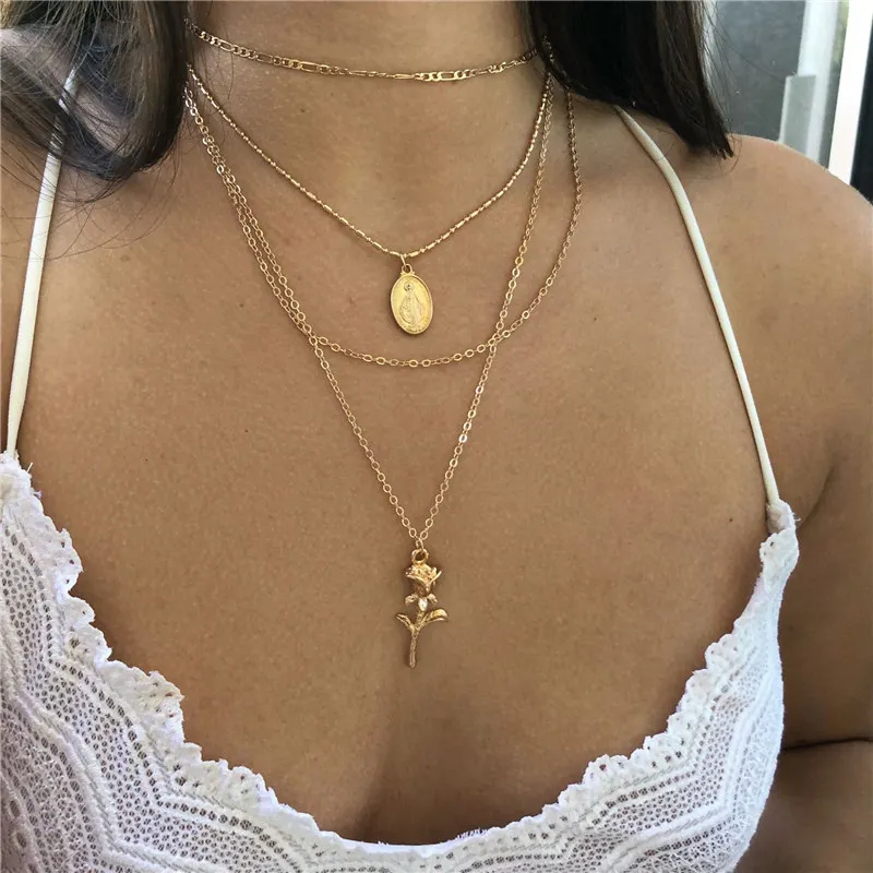 

Vintage Multilayer Crystal Pendant Necklace Women Gold Color Beads Flower Choker Necklaces Fashion Jewelry New