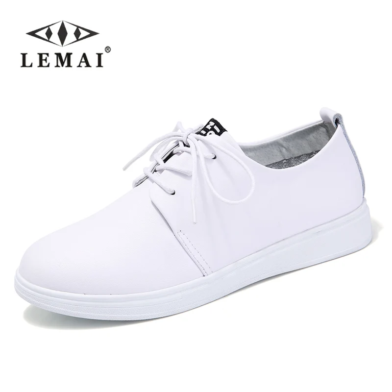 

LEMAI 2018 New Leather Women Shoe Casual Leather Shoes For Women Flat Shoes Ladies Lacing Loafers Zapatos Mujer