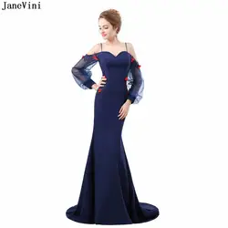 JaneVini Сексуальная Русалка бисером аппликации Длинные платья подружек невесты с рукавами спагетти бретели для нижнего белья спинки