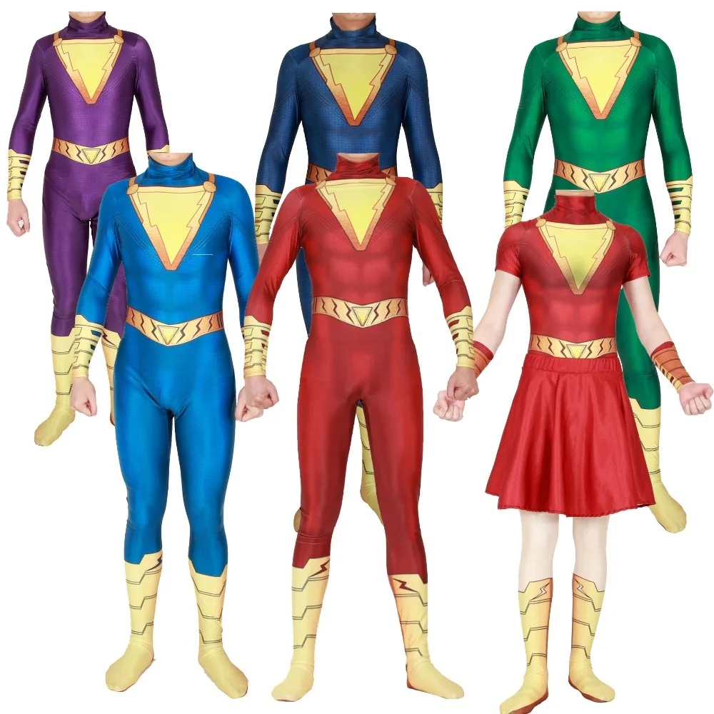 

Anime Captain Marvel Cosplay Costumes Shazam Billy Batson Men Women Girls Dress Spandex Zentai Jumpsuits Catsuit Bodysuits New