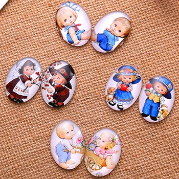 

13x18mm Random Mixed Cartoon Child Oval Glass Cabochon Flatback Photo Base Tray Blank DIY Making Accessories By Pair 30pcs