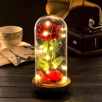 

Beauty and the Beast Red Silk Rose LED Light with Fallen Petals in Glass Dome on a Wooden Base Enchanted Rose Romantic Gift